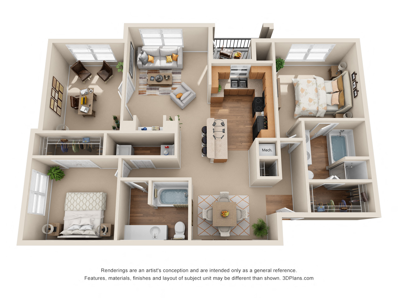 Floor plan for 2 beds, 2 baths, 1290 sqft